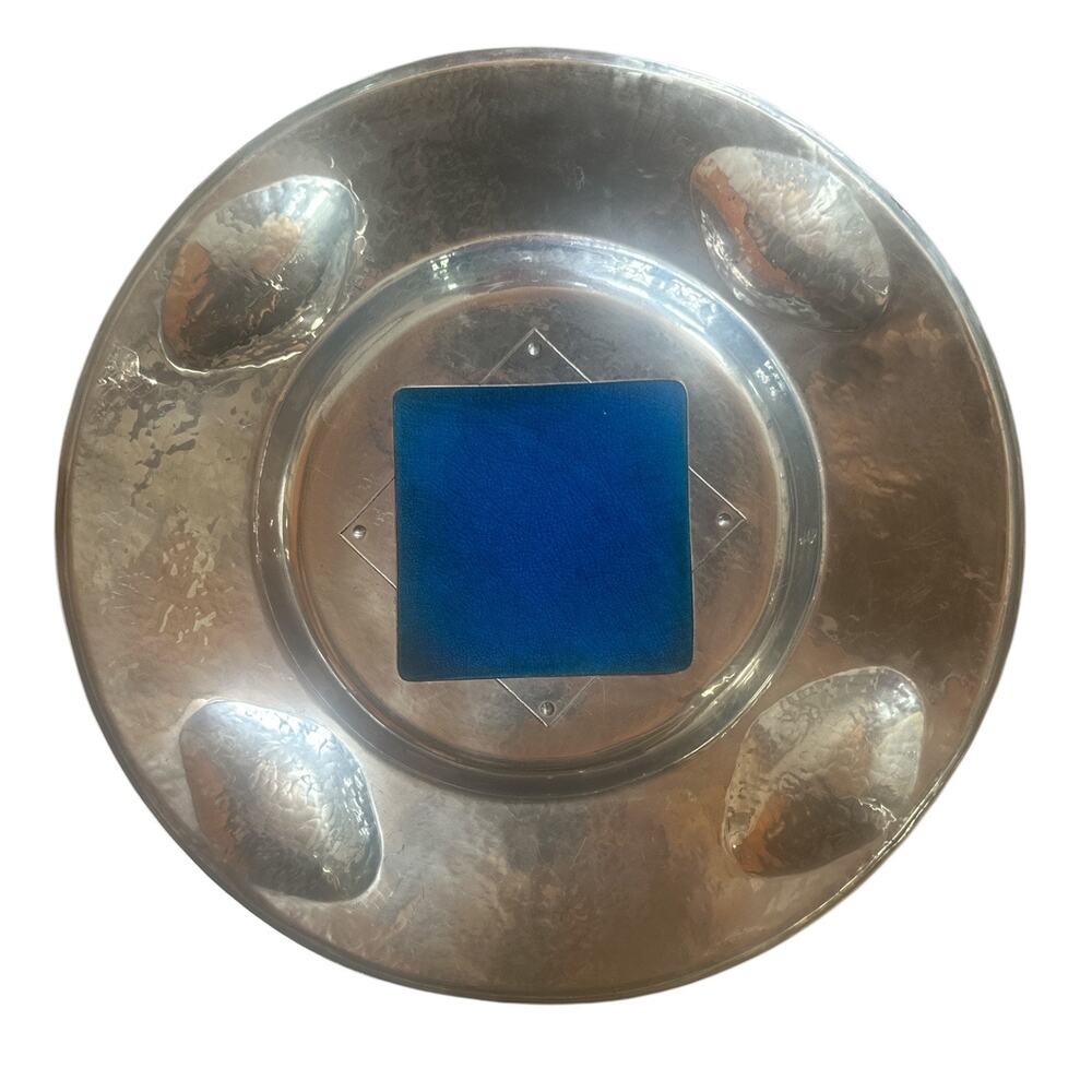 Cellini Craft 1930 Argental Hand-wrought Aluminum Tray w/ Blue Tile Center 16.5"